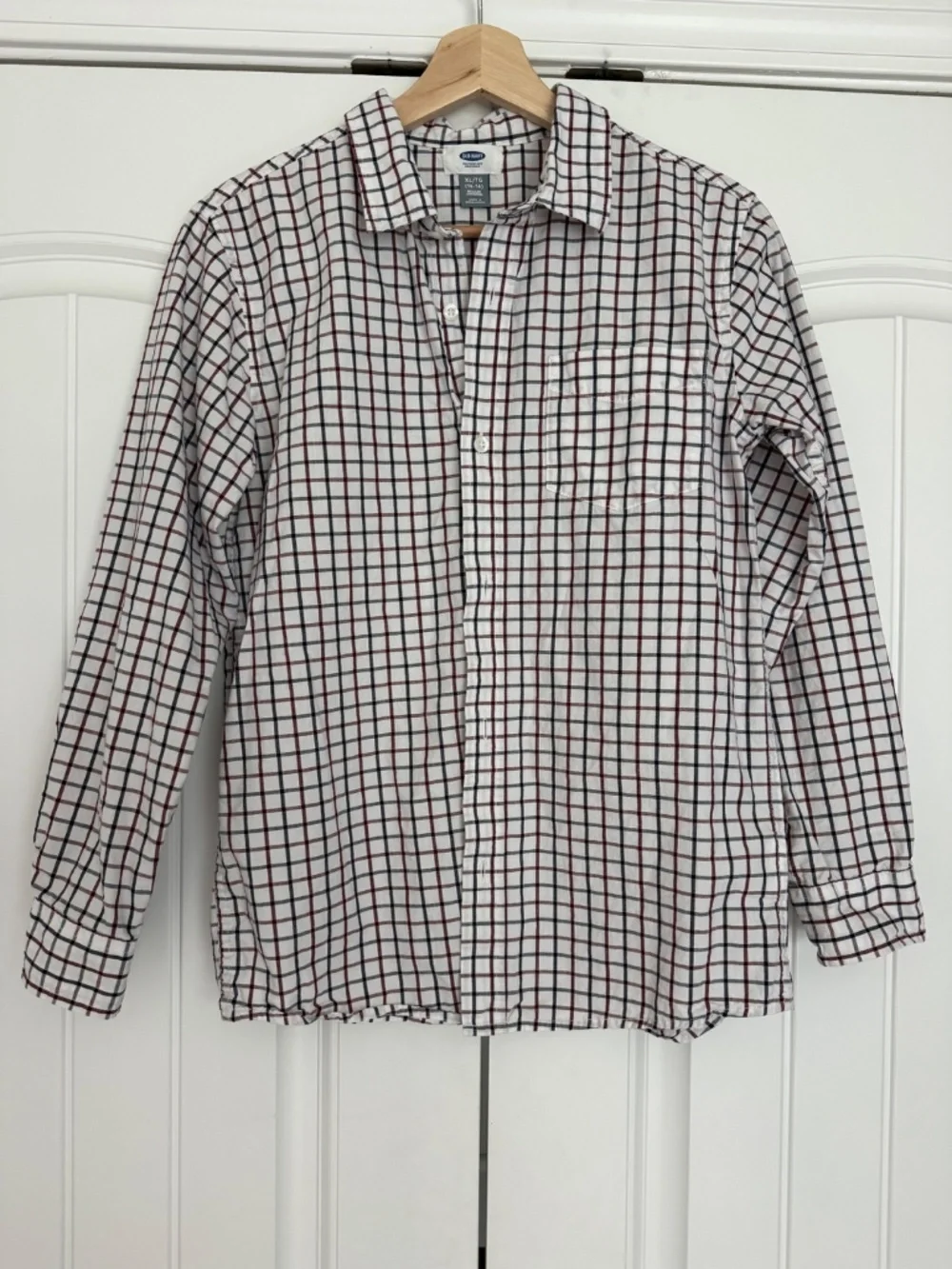 Old Navy Boys XL 14-16 Plaid Button Down Shirt White Burgundy Navy